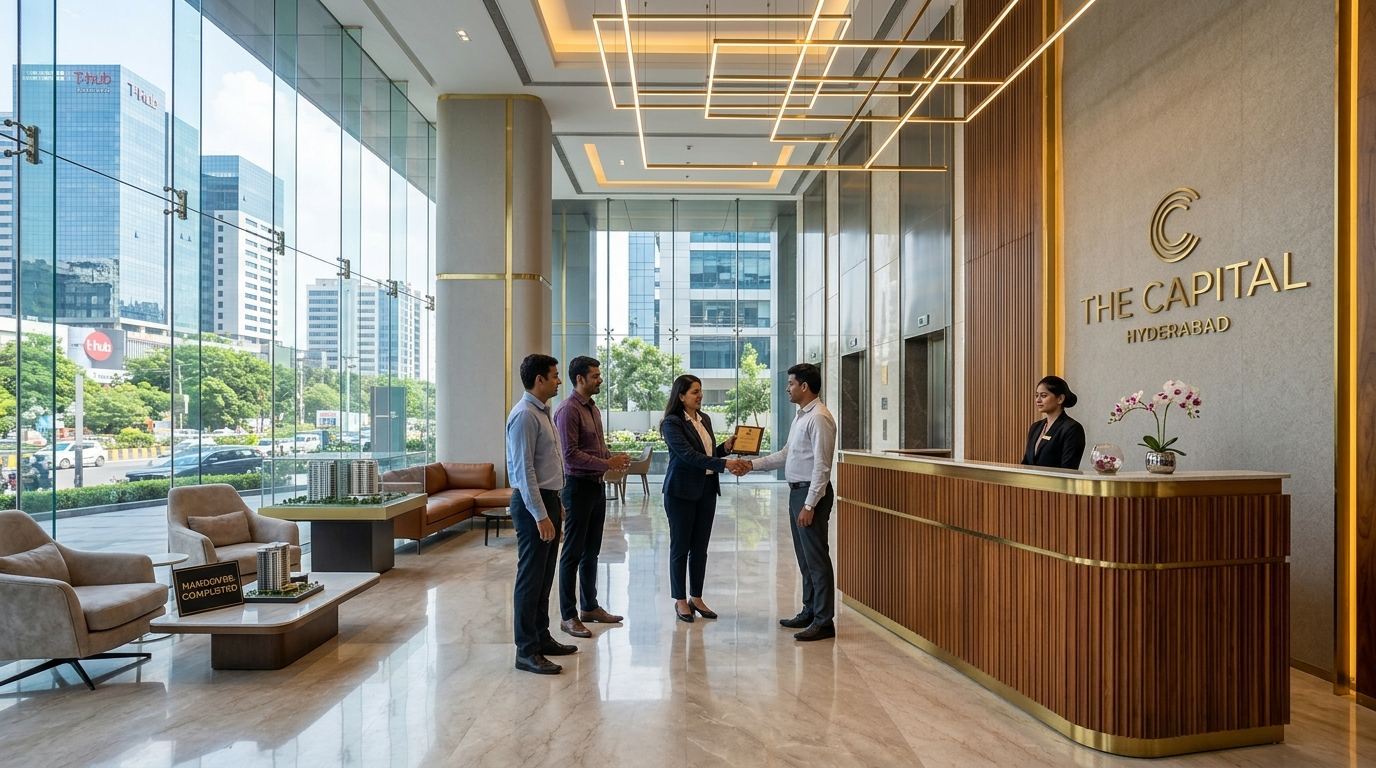 Handover 360 corporate office lobby with clients at reception