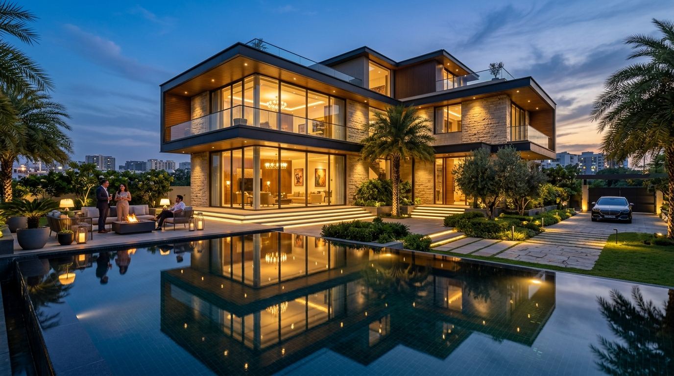 Havensure Villas luxury villa at dusk, lit pool in front